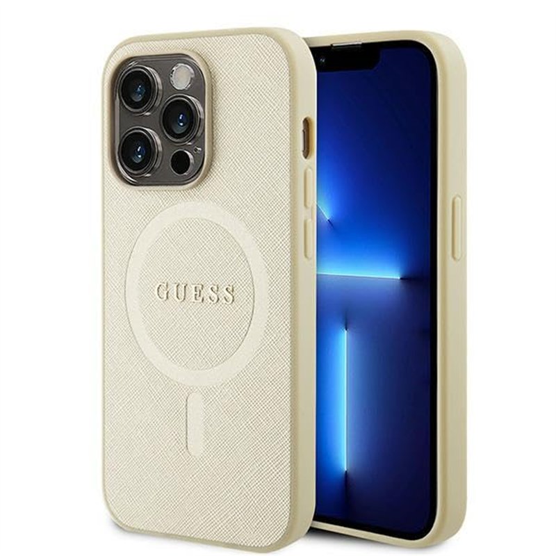 Guess GUHMP15XPSAHMCB Saffiano Coque Rigide dorée pour iPhone 15 Pro Max 6,7