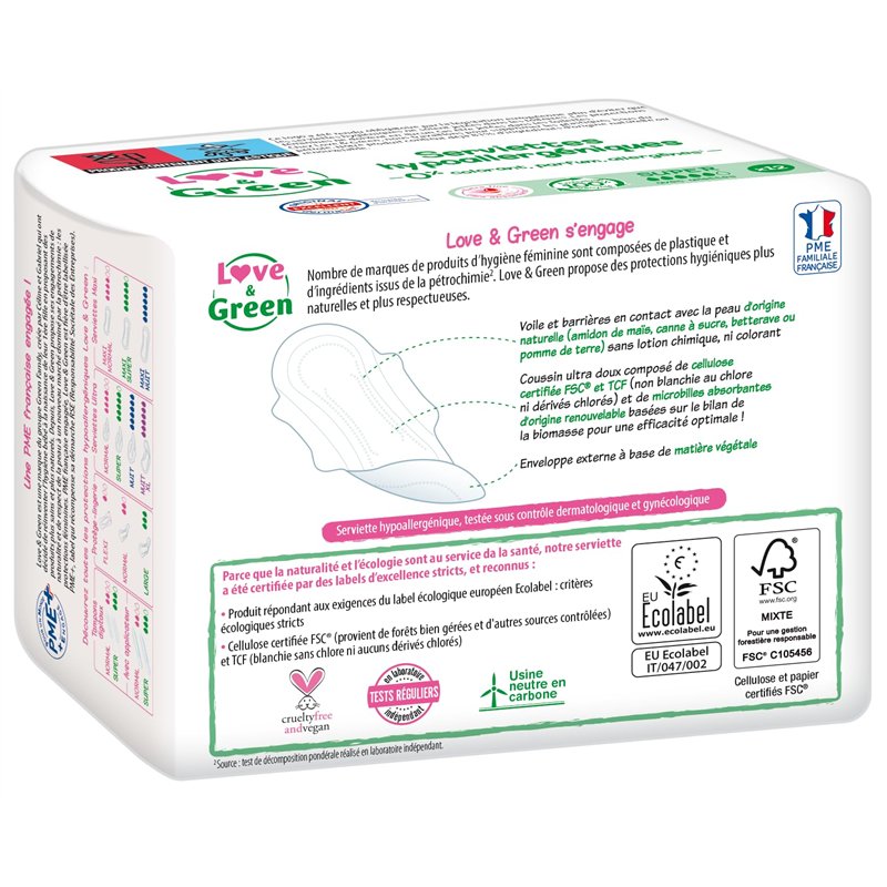 Image secondaire de Love & Green Serviettes hygiéniques, écologiques et hypoallergéniques - certifiées Ecolabel et Dermatest -