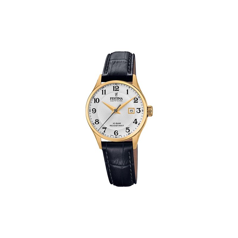 Festina Montre pour Femme F20011/5 Swiss Made Boîtier en Acier Inoxydable Doré Bracelet en Cuir Noir