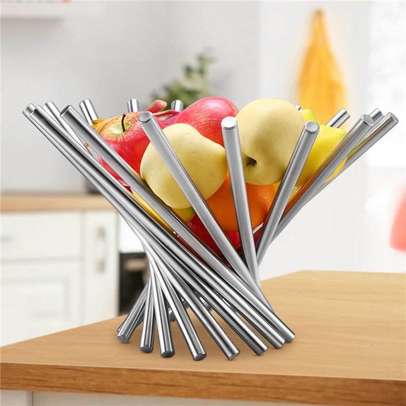 Image secondaire de Windfromort Corbeille a Fruit en Acier Inoxydable, Pliable Panier de Fruit Décorative pour Pommes, Bananes, Oranges et Pain, Cor