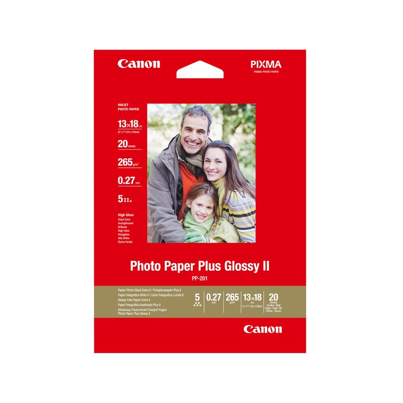 Canon PP-201 Plus II Photo Paper, Glossy, 265 g/m2, 13 x 18 cm (5 x 7in), 20 Sheets - 2311B018