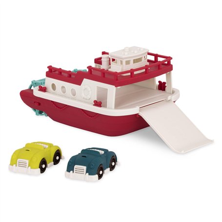 Battat - Wonder Wheels - Bateau Ferry Flotant - Jouet de bain avec voitures pour les tout-petits - 3 pieces - Rouge et blanc
