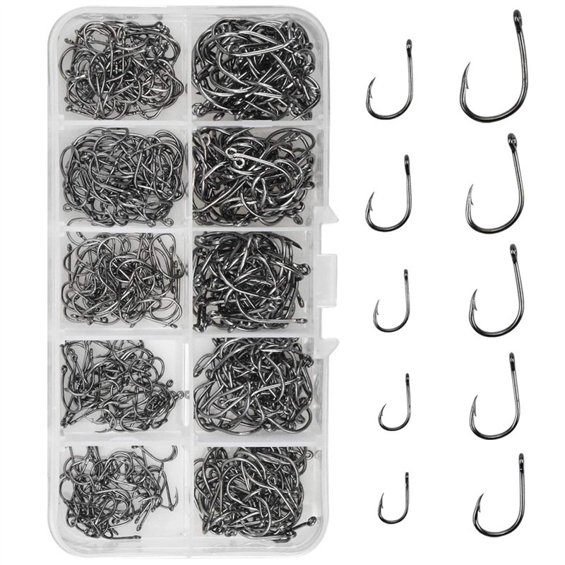 500pcs Hameçon de Pêche Crochets de Pêche en AcierCarbone avec Barbillon Hameçons Barbelés en 10 Tailles avec Boîte de Rangement