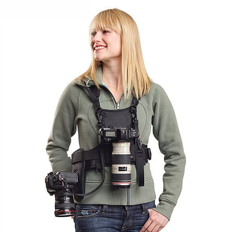 Nicama NC-VEST Harnais de transport Photographe sangle de poitrine corps élastique réglable pour 2 Appareils Photos Noir Canon N
