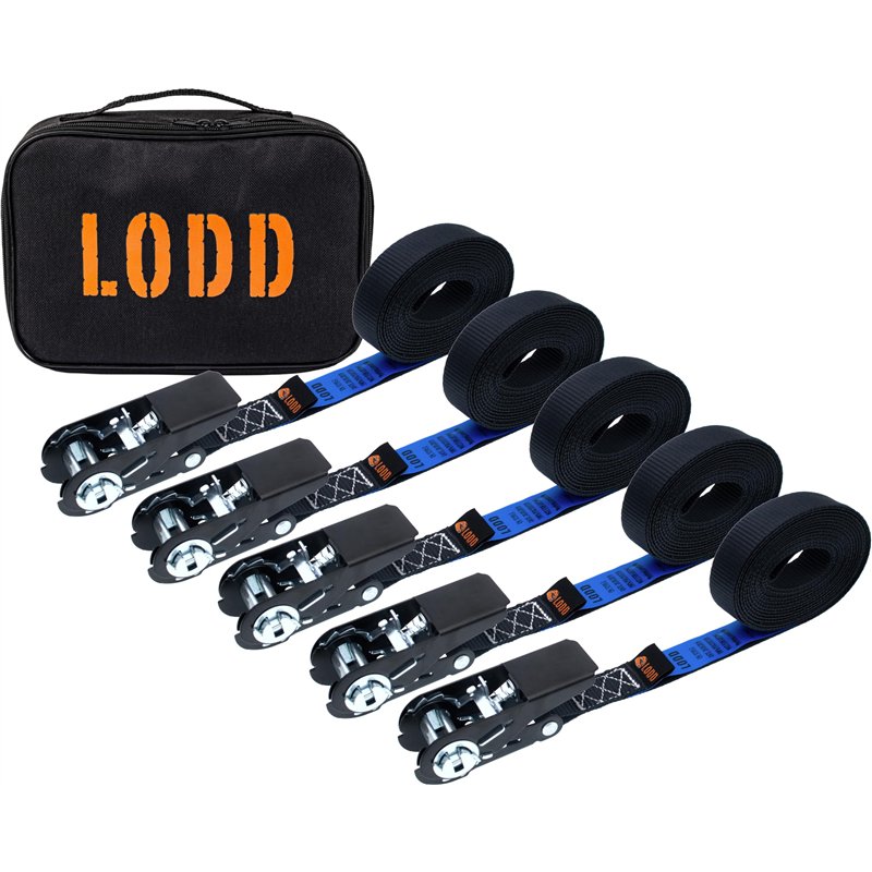 LODD - 5 Sangles d'Arrimage à Cliquet en Acier 6m x 25mm - Polyester Résistant (800 kg) avec Sac de Transport - Norme en 12195-2