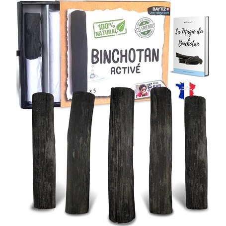 BAYTIZ ® Filtre à Eau Végétal au Charbon Actif - Baton de Binchotan Bio x5 - Purifier l' Eau du Robinet - en Bois Naturel - Cara