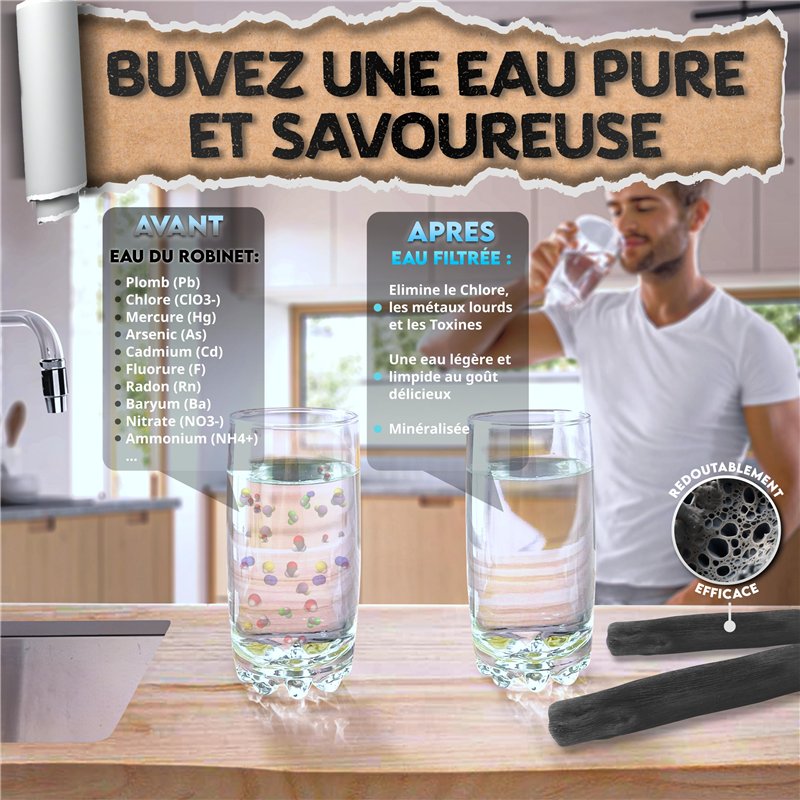 Image secondaire de BAYTIZ ® Filtre à Eau Végétal au Charbon Actif - Baton de Binchotan Bio x5 - Purifier l' Eau du Robinet - en Bois Naturel - Cara