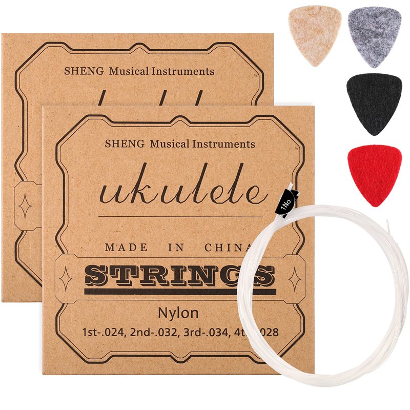 2 Ensembles de Cordes d'Ukulélé en Nylon avec 4 Choix de Feutre, les Chaînes sont Blanches, les Choix sont Jaunes, Gris, Noir, R