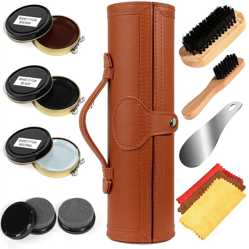 Kit pour Cirage de Chaussures avec étui élégant en cuir PU, Kit pour cirage de chaussures de voyage 12 pièces