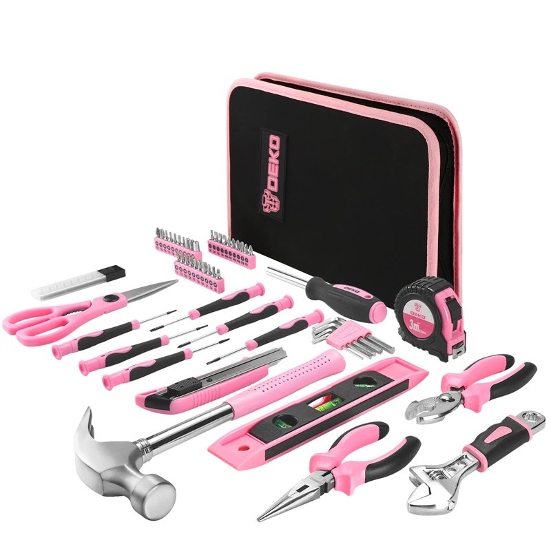 DEKO Kit d'outils ménagers rose 71 pièces, ensemble d'outils portables pour femme avec pochette de transport facile, parfait pour les bricoleuses