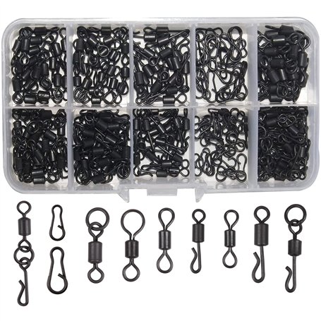 150pcs/boîte émerillons pivotants noirs mats pour la pêche de la carpe attaches rapides avec boîte de matériel pour la pêche de