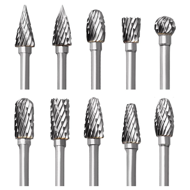 Jeu de Fraises en Carbure de Tungstène pour Dremel, 10 Pièces Fraises Rotatives à Double Coupe avec Tige de 1/8