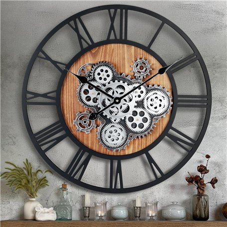 Lafocuse Horloge Murale Engrenages Mobiles Geante 57 cm Noire Industrielle Bois Vintage Pendule Murale Steampunk Chiffres Romain