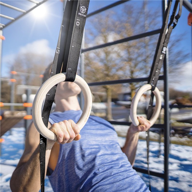 Image secondaire de Eric Flag Anneaux Gymnastique en Bois - Diamètre 28 mm - Anneaux Gym avec Sangles Suspension Graduées, Facilement Réglables pour