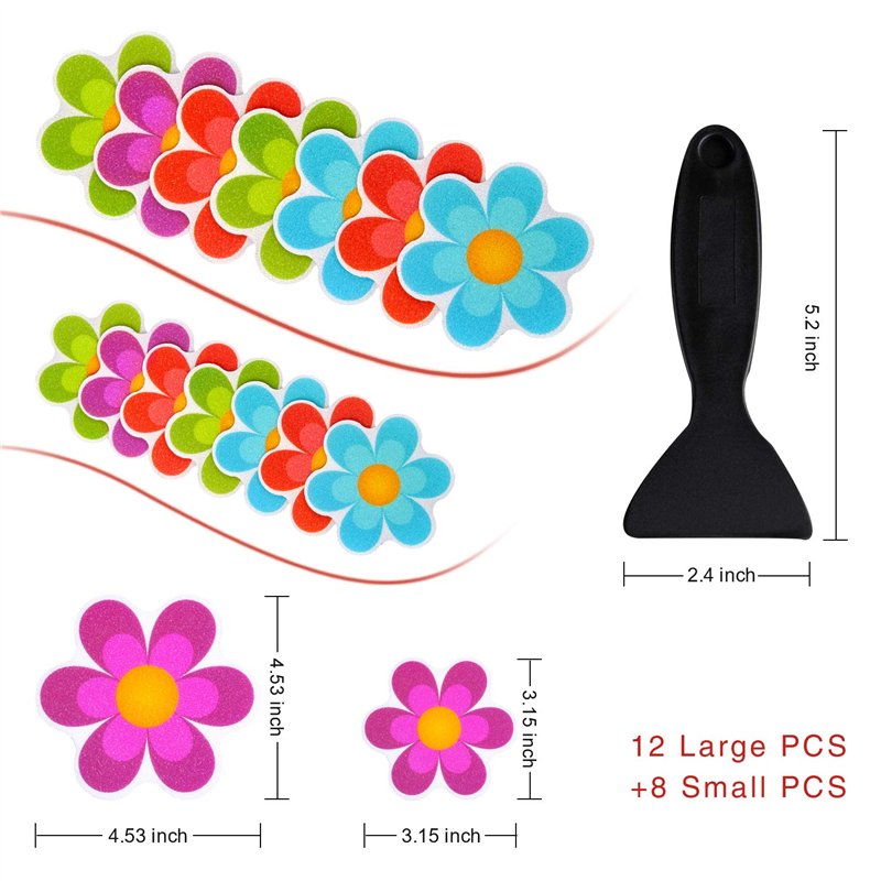 Image secondaire de Secopad Lot de 20 autocollants antidérapants originaux pour baignoire, douche, sol de douche, fleurs vives avec grattoir de qualité