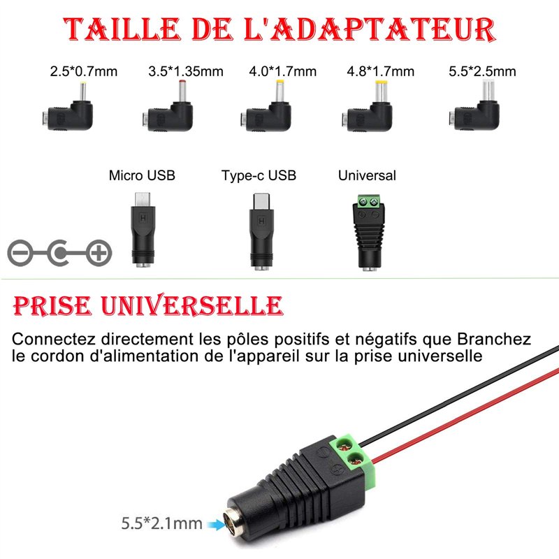 Image secondaire de MEROM Câble Universel 5v USB vers DC 5.5mm * 2.1mm avec 8 Jack Connecteurs (5.5mm * 2.5mm 4mm * 1.7mm 4.8mm * 1.7mm 3.5 * 1.35mm
