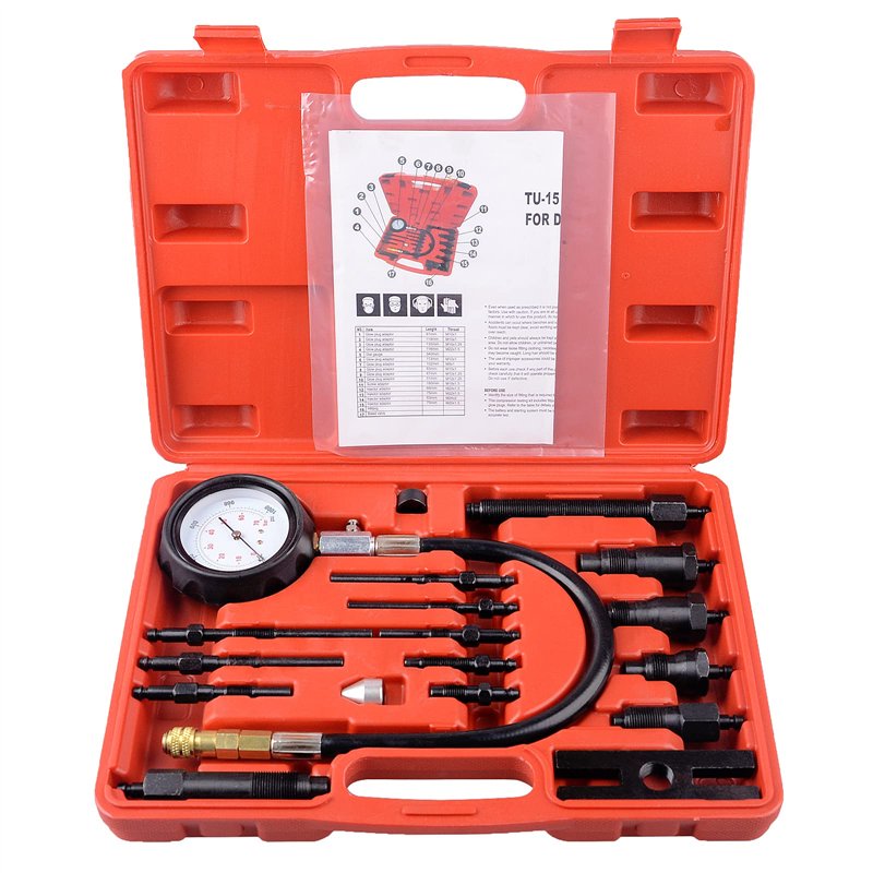 DAYUAN 17 pièces Testeur de compression pour moteurs diesel 0-70 bar, Auto Car Tractor Diesel Engine Testing Gauge Manometer Kit