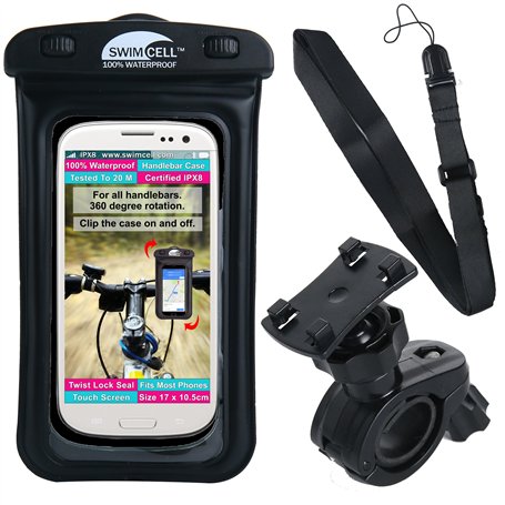 SwimCell Support Téléphone Étanche Vélo Moto Guidon Pochette Waterproof Smartphone Apple Samsung Android. Circonf. 6.5-9.5 Cm. R