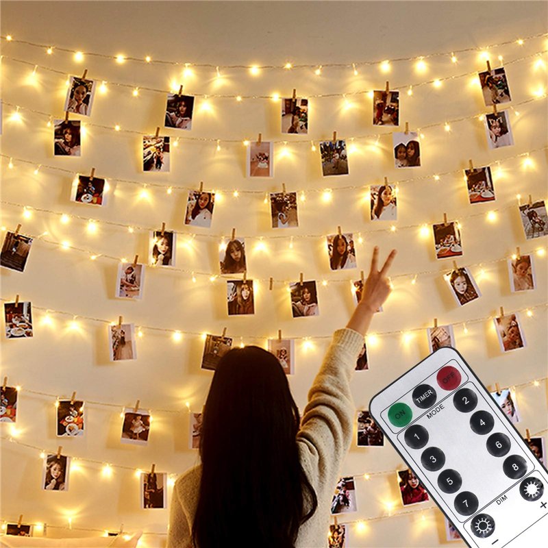 Microwear Guirlande Photo,10M100LED 8Modes,Alimenté par USB ou Batterie,avec Télécommande,Lumineuse LED d'intérieur pour Chambre