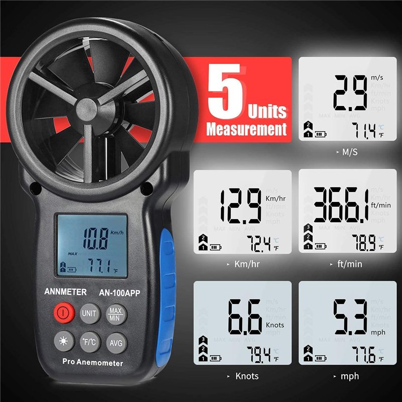 Image secondaire de AIOMEST Anémomètre Numérique Bluetooth, Compteur de Vitesse du Vent Portable pour Testeur de Jauge de Refroidissement Éolien, Vi
