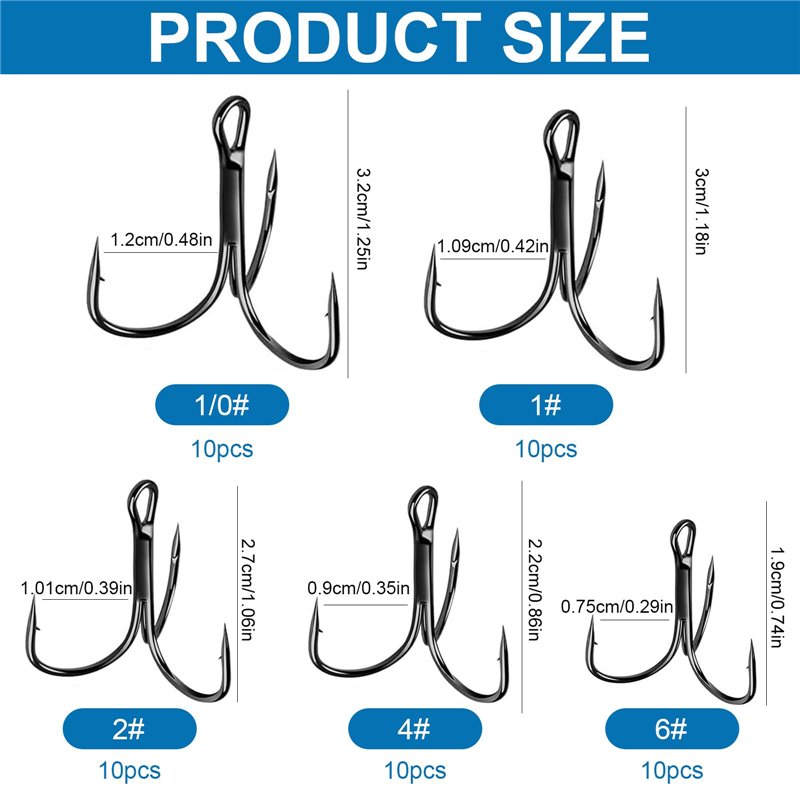 Image secondaire de Srup 50 Pièces Hameçon Triple Barbelé, Hameçons Triples en Acier à Haute, Acier Carbone Triple Crochet, avec Boîte À Pêche,Convi