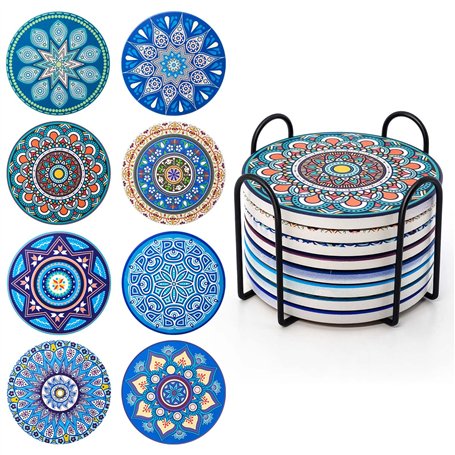 Dessous de Verre Absorbants en Liège et Céramique avec Support en Métal Motif Mandala de 10cm (8pcs) pour Tasses