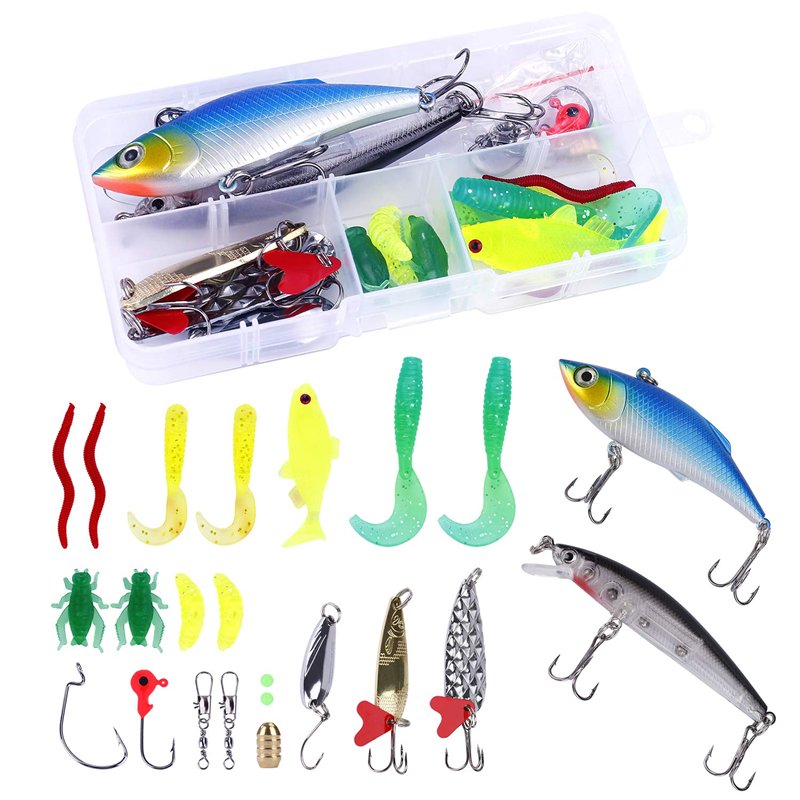 HONGXIN-SHOP Kit de Leurre 24 Pcs Leurres de Pêche Kit Souple Dure Appât Emerillons Crochets et Boîte de Rangement pour la Pêche