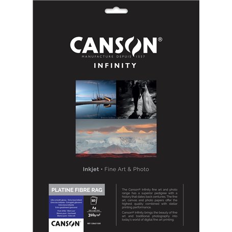 CANSON Infinity - Platine Fibre Rag - Pochette 10 feuilles de papier photo baryté A4 brillant - 310g/m² - Blanc Pur