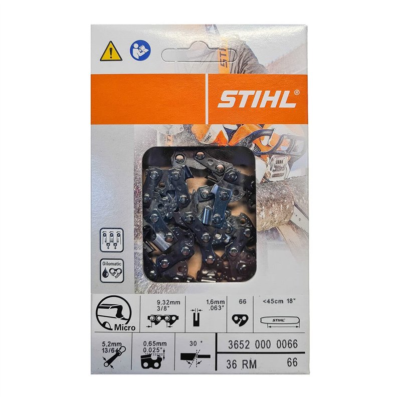 'Stihl 3652 000 0066 Chaîne de tronçonneuse 3/8 1, 6 mm 66 GL – 45 cm demi-ronde RMC, 1 W, 1 V