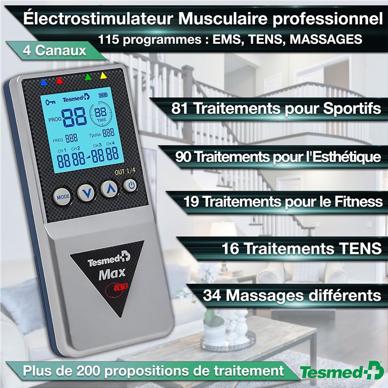 Image secondaire de TESMED Max 830: Electrostimulateur Musculaire Professionnel Tens/EMS/Massage avec Stimulation Séquentielle, 4 Canaux, 115 Progra