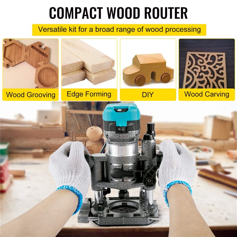Image secondaire de VEVOR Défonceuse Électrique 710W Affleureuse à Bois avec 3 Bases Fixe Inclinable Plongeante, 13000-33000 tr/min Outil Menuiserie