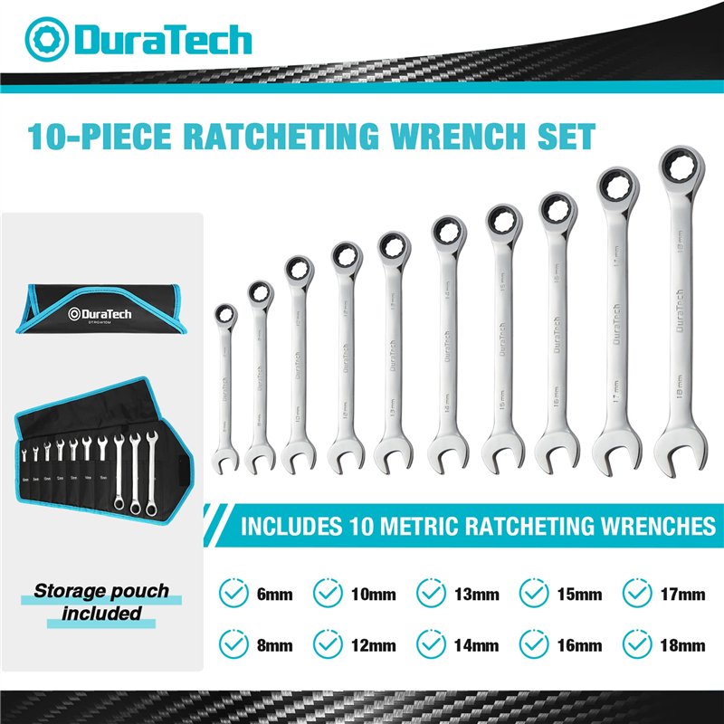 Image secondaire de DURATECH Lot de Clé Plate à Cliquet, Jeu de clés Mixtes à Cliquet en Acier au Chrome Vanadium, 72 Dents 5° Angle Reprise, Plate 