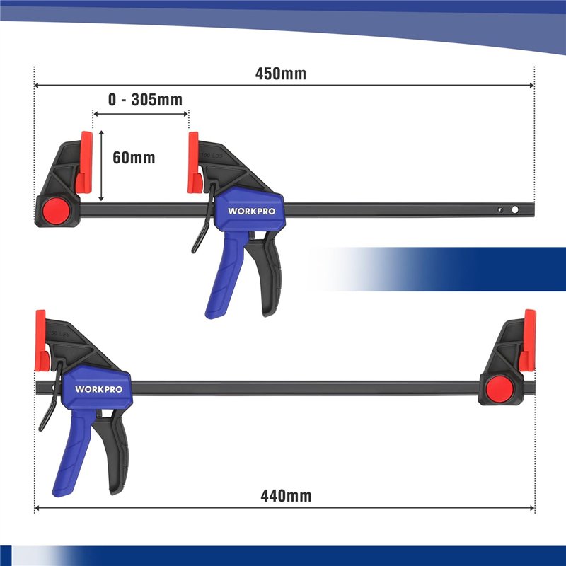 Image secondaire de WORKPRO Jeu de 2 Serre-joints à une Main en Acier et Nylon pour une Fixation Précise, Largeur de Serrage de 305 mm, Force de Ser