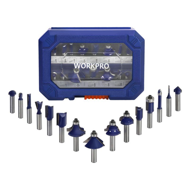 WORKPRO Coffret de 15 Fraises Défonceuses à Tige de 8 mm, Fraises à Rainurer en Acier au Tungstène pour la Finiation du Bois Div