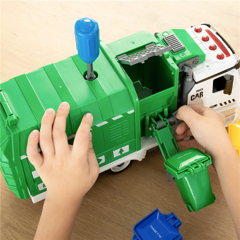 Image secondaire de JOYIN Jumbo Camion à ordures à démonter alimenté par friction latérale avec lumière et sons, 3 poubelles, jouets tournevis, pour