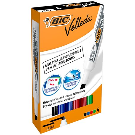 BIC Velleda 1791 Feutres pour Tableau Blanc Effaçables à Sec Pointe Large Biseautée - Couleurs Assorties