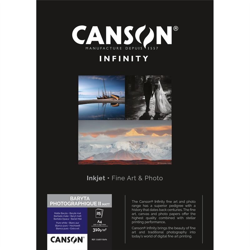 CANSON Infinity Baryta Photographique II Matt - Tirage Papier Photo Baryté - Boîte de 25 feuilles A4 - Extra Lisse Mat - Blanc P