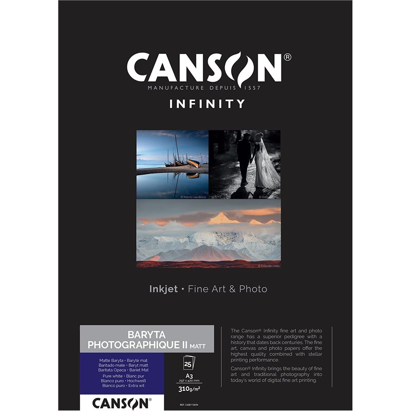 CANSON Infinity Baryta Photographique II Matt - Tirage Papier Photo Baryté - Boîte de 25 feuilles A3 - Extra Lisse Mat - Blanc P