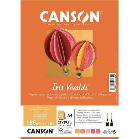 CANSON Iris Vivaldi - Paquet 25 feuilles de papier couleur A4 - 185g/m² - Assortiment jaune/rose/rouge