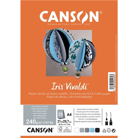 CANSON Iris Vivaldi - Paquet 25 feuilles de papier couleur A4 - 240g/m² - Assortiment de gris