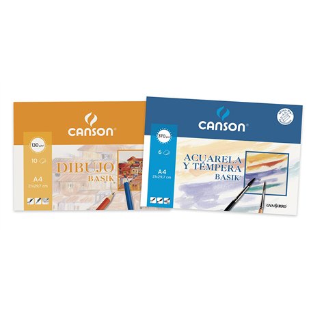 Canson - 1 Minipack A4 de 10 feuilles Dessin Basik 130 g et 1 Minipack A4 de 6 feuilles Aquaela Basik 370 g