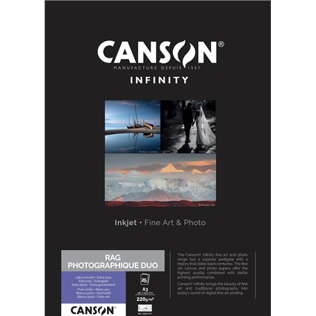 CANSON Infinity - Rag Photographique Duo - Boîte 25 feuilles de papier photo ultra lisse - A3 - 220g/m² - Ultra blanc