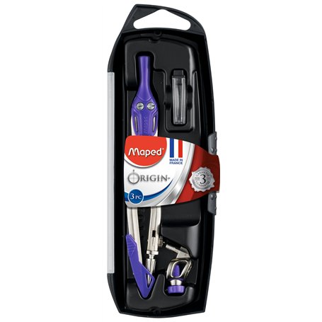 Maped - Coffret Origin 3 Pièces - Fabrication Française - Compas Scolaire + Bague Universelle + Étui-Mines - Avec Sécurité Protè