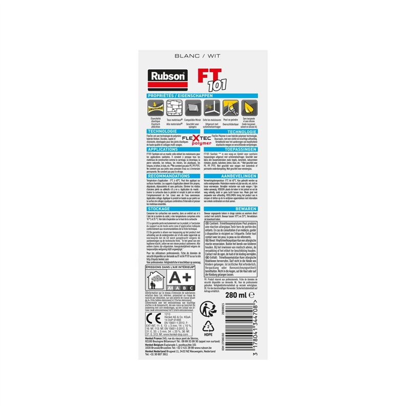 Image secondaire de Rubson FT 101 Sanitaire Blanc - Mastic Polymère Haute Qualité pour Étanchéité et Collage - Anti-Moisissure Intérieur/Extérieur -