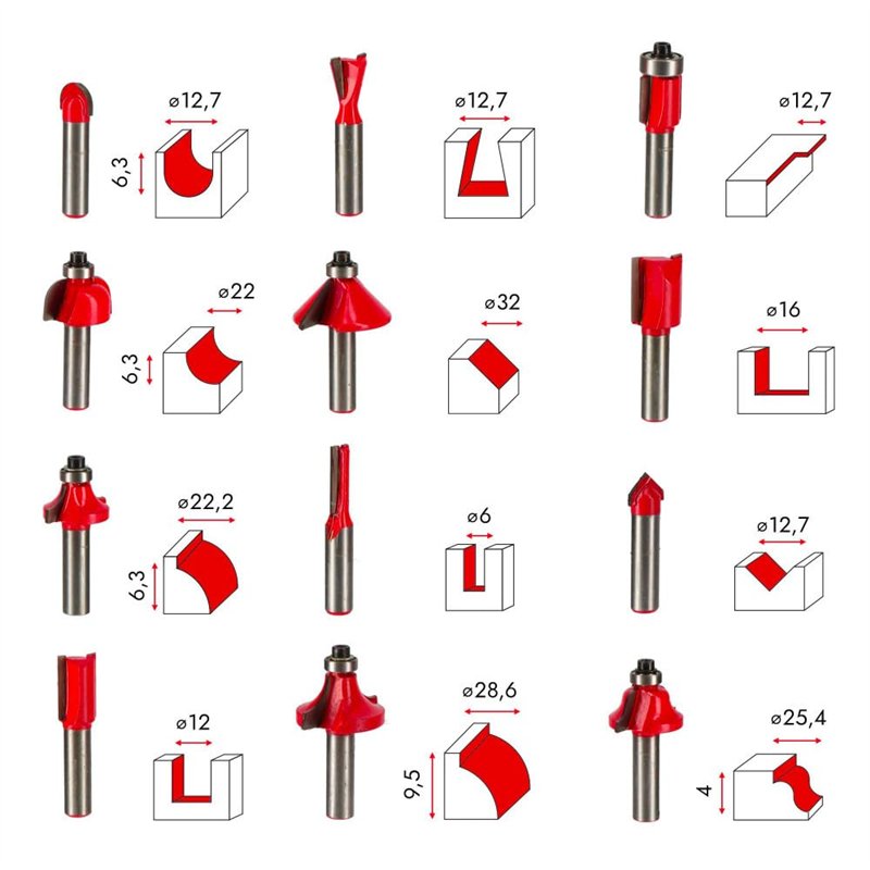 Image secondaire de Coffret de 12 Fraises Défonceuses - 8 mm - Fraise droite à rainure - à congé - chanfrein - doucine - affleurer - 1/4 de rond