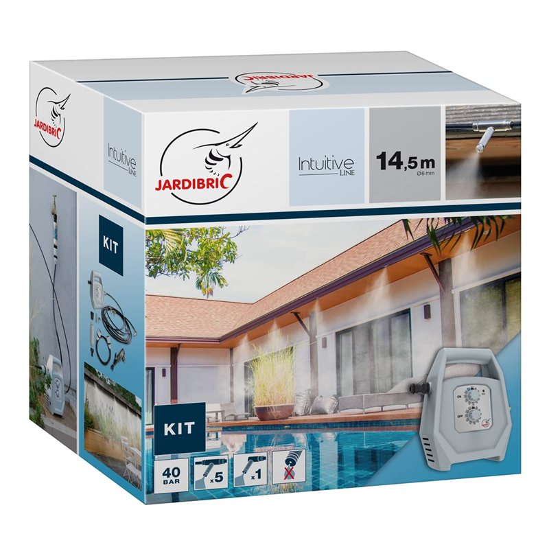 Jardibric - Kit de Brumisation KPBRU20 - Pompe Programmable Jusqu'à 40 Bars, 14.5m, 7 Buses Anti-Goutte et Filtre Anti-Calcaire 