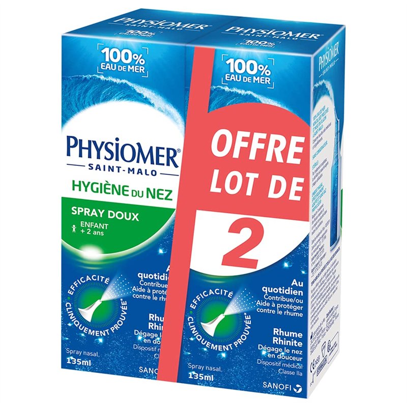 Physiomer Spray Doux – Lot de x2 – Spray nasal 100% Eau de mer – Hygiène du nez – Dispositif médical – Spray 135ml – Utilisation