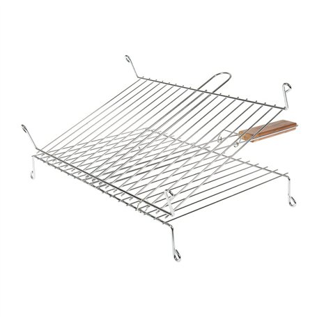 RUECAB 1086 Grille de Barbecue Double sur Pieds Inox Poignée Bois Argent 30 x 40 cm