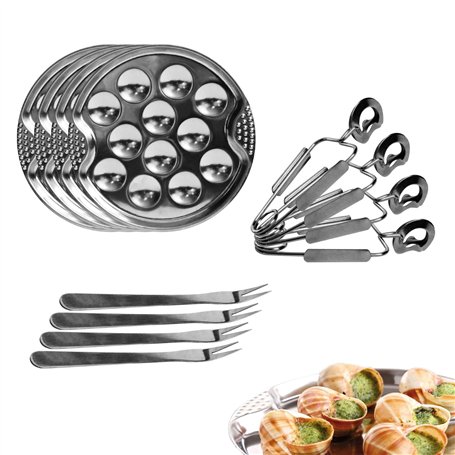 Cook Concept KU6097 Coffret Dégustation Escargots Service 4 personnes Assiettes fourchettes et pinces Gris Inox H22