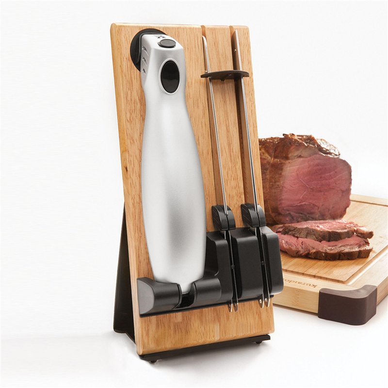 FISHTEC Couteau Electrique de Cuisine Sans Fil Easy Cut Plus - Avec Chargeur et Support en Bois - 2 Lames - Idéal pour découper 